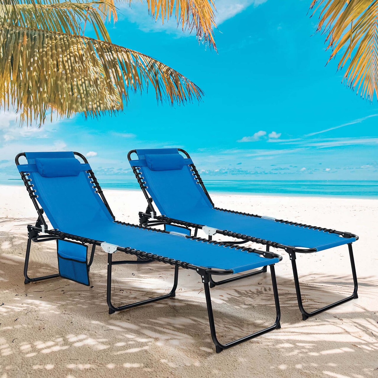 Costway 2 PCS Folding Chaise Lounge Chair Portable Sun Lounger with Adjustable Backrest Grey/Navy